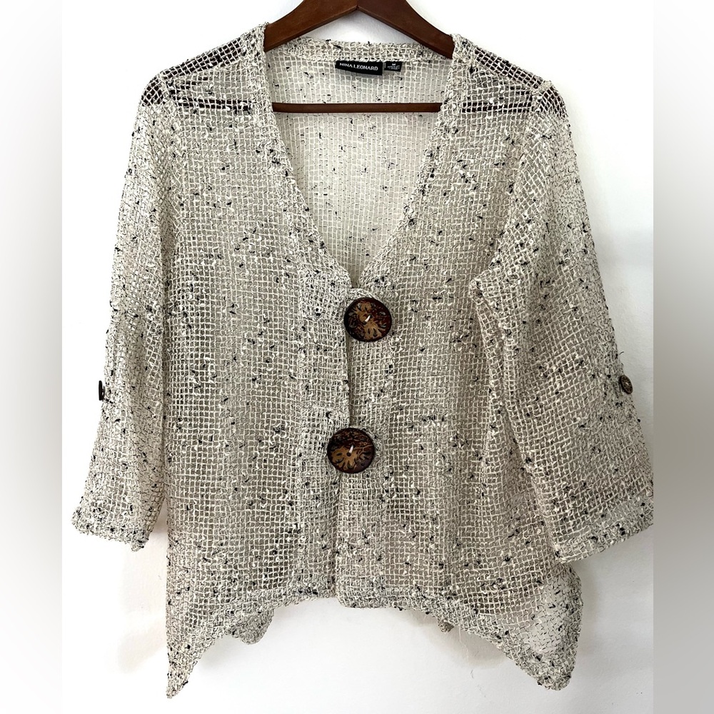Nina Leonard Open Weave Knit Cardigan Cropped Black Off White Wood Buttons MED